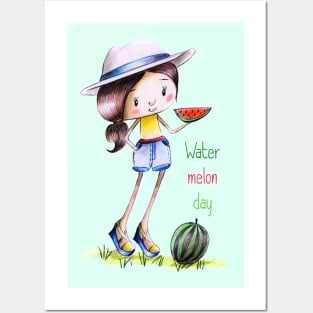 Cute girl in panama and shorts with a slice of watermelon Posters and Art